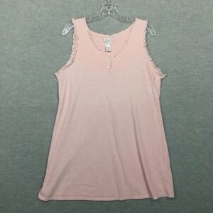 Aria L Sleeveless Pink Farmhouse Nightgown Short V-Neck Knit Gingham Henley Tank